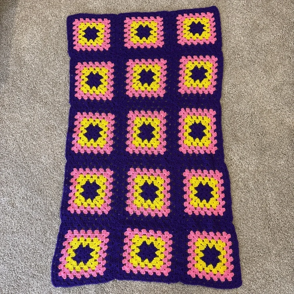 Handmade Crocheted Granny Square Afghan Blanket Purple Pink‎ Yellow 48.5x27.5